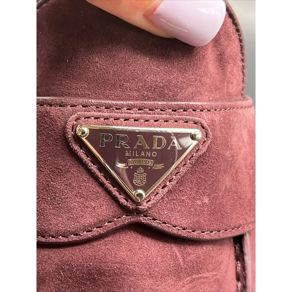 PRADA Suede Slip-On Loafers Logo Dress Shoes Men Prada Shoes Burgundy NWOTB READ